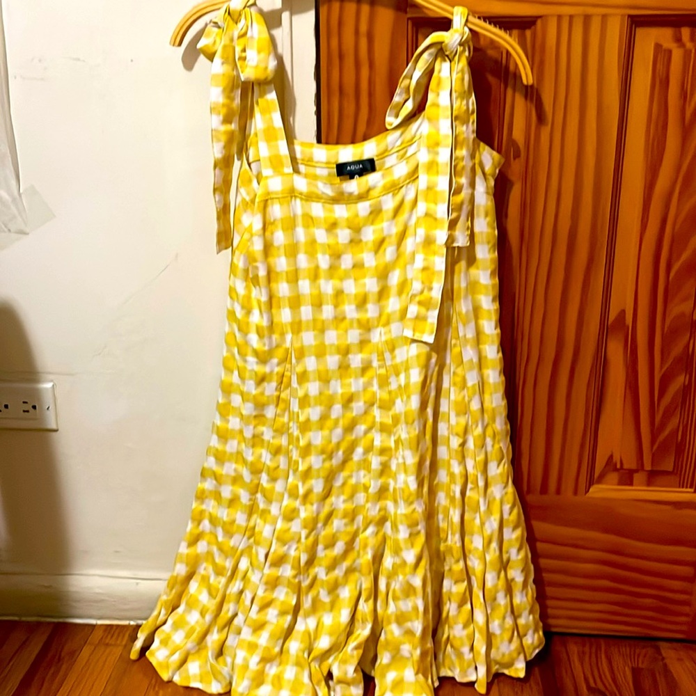 Aqua yellow wand white plaid dress (self tie strap)